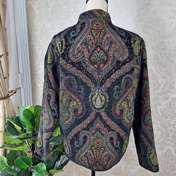 Flashback Size Large Tapestry Paisley Jacket Blk/Brn/Grn Button Front Vintage - Picture 6 of 11